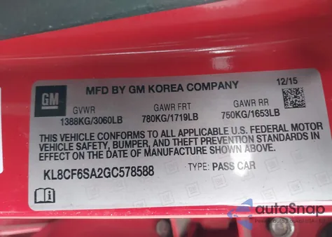 2016 Chevrolet Spark 2Lt Cvt z USA, uszkodzony, nr VIN KL8CF6SA2GC578588